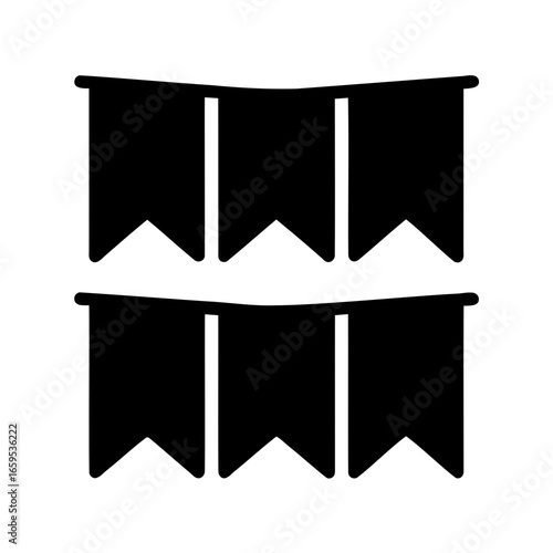 Illustration of two rows of decorative party flags in simple black
