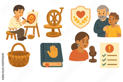 Preserving Endangered Traditions. Flat vector mini-illustrations protecting endangered traditions in colors