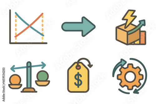 Price Equilibrium Shifts. Flat vector mini-illustrations Price equilibrium shifts in colors children's