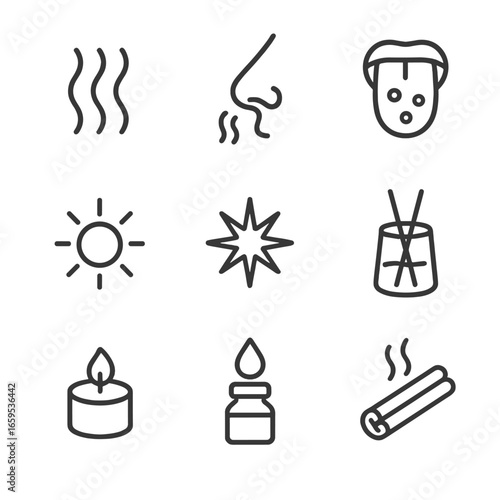 Cinnamon Aroma Icon Set. Outline icon set of cinnamon aroma and sensory: scent waves, nose sniff, taste buds, warm sensation,