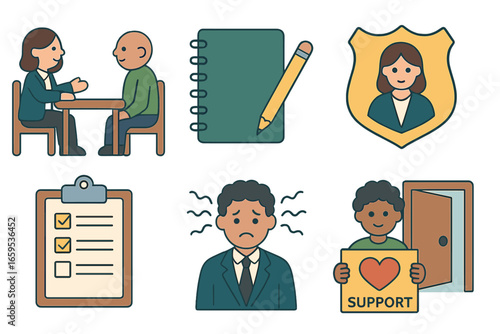 Public Defenders Icons. Flat vector mini-illustrations Public defenders at work in colors children's
