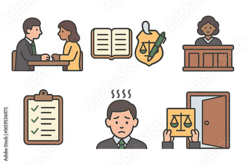 Public Defenders Icons. Flat vector mini-illustrations Public defenders at work in colors children's