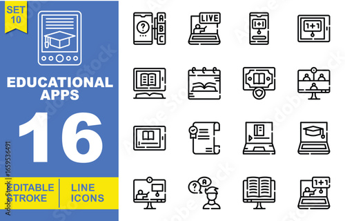 Educational apps set of web icons in line style. A collection of linear icons representing key educational apps concepts, including online lectures, mobile learning, and more. Editable stroke