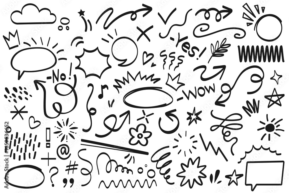 Fototapeta premium Vector image of messy set of sketch and pattern hand drawn. underline, highlight, arrow set. Hand drawn brush stroke, highlight, speech bubble, underline. Element for your design 