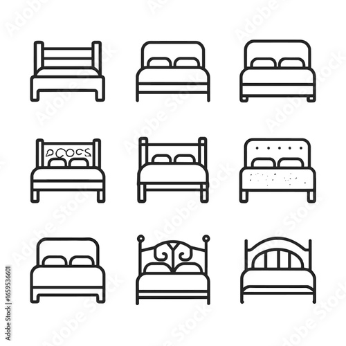 Bed Frame Icon Set. Outline icon set of bed materials: wood frame, metal frame, upholstered, leather, rattan, bamboo, fabric,