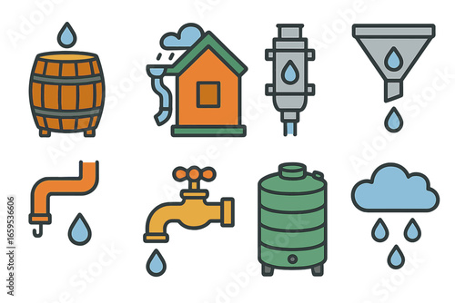 Rainwater Systems Icons. Flat vector mini-illustrations rainwater collection systems in colors children's
