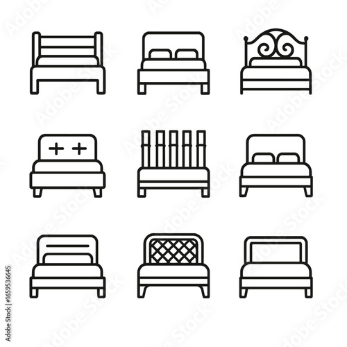 Bed Frame Icon Set. Outline icon set of bed frame materials: wood, metal, wrought iron, upholstered, bamboo, leather, stainless