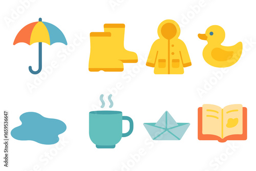Rainy Day Icons. Flat vector mini-illustrations rainy day fun in colors children's illustrations: umbrella,