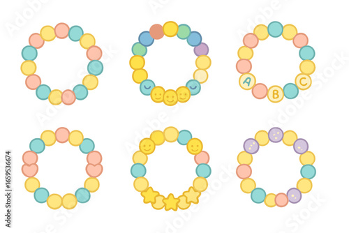 Colorful Bead Bracelets. Flat vector mini-illustrations beaded bracelets in colors children's illustrations: pastel bead bracelet,