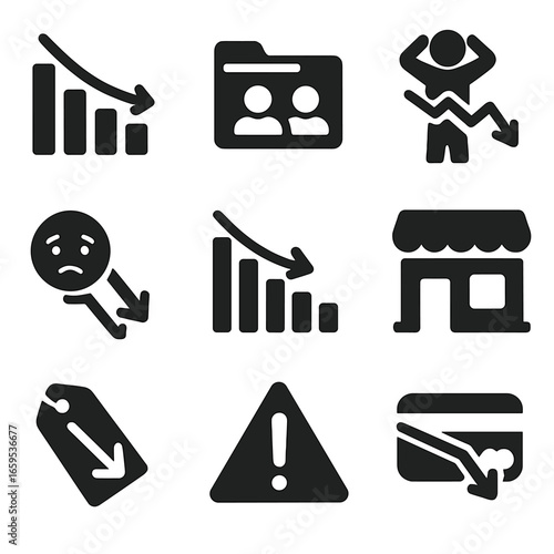 Recession Signal Icons. Solid, filled icons set of recession signals: falling GDP icon, layoffs folder, market