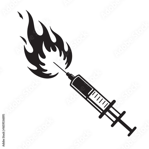 Vector illustration of a flaming syringe depicting the dangers of drug addiction