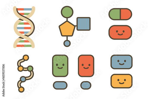 Colorful DNA Icons. Flat vector mini-illustrations DNA structure in colors children's illustrations: double helix, nucleotide,
