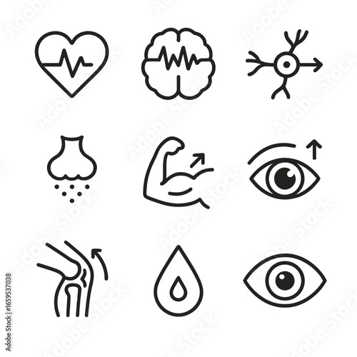 Biological Signals Icons. Outline icon set of biological signals: heartbeat, brainwave, nerve signal, hormone release, muscle