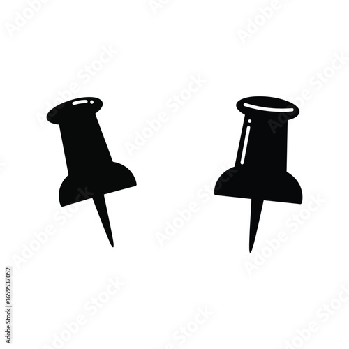 Two black push pins with sharp points displayed on a clean white surface for office and design use vector