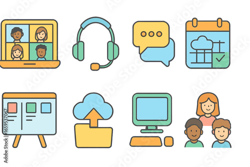 Remote Teamwork Icons. Flat vector mini-illustrations Remote teamwork in colors children's illustrations: