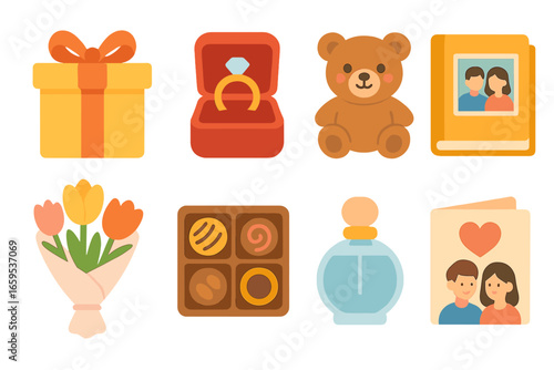Colorful Engagement Gifts. Flat vector mini-illustrations engagement gifts in colors children's illustrations: wrapped gift,