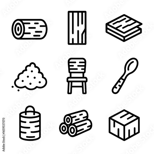 Birch Wood Icon Set. Outline icon set of birch wood products: birch log, birch plank, birch plywood, birch sawdust, birch