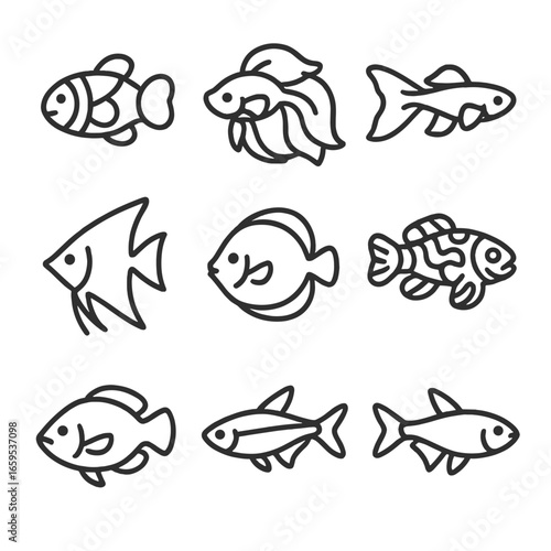 Colorful Fish Icons. Outline icon set of colorful fishes: clownfish, betta, guppy, angelfish, discus, mandarinfish, cichlid, tetra