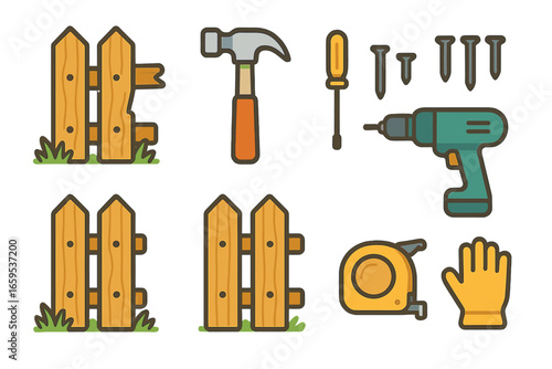 Repair Tools Grid. Flat vector mini-illustrations fixing broken fence panels in colors children's