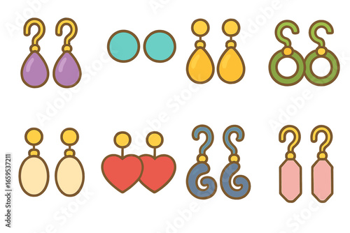 Colorful Gemstone Earrings. Flat vector mini-illustrations gemstone earrings in colors children's illustrations: amethyst drops,