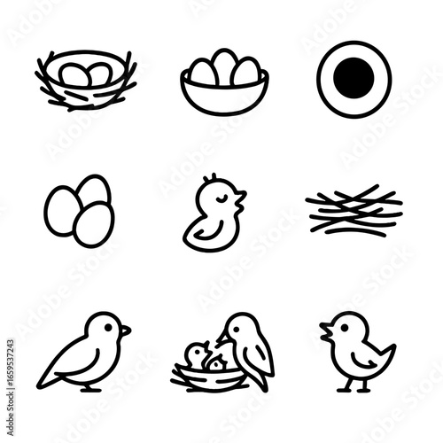 Bird Nest Icons. Outline icon set of small bird nests and eggs: twig nest, cup nest, cavity nest, eggs, hatchling, nesting