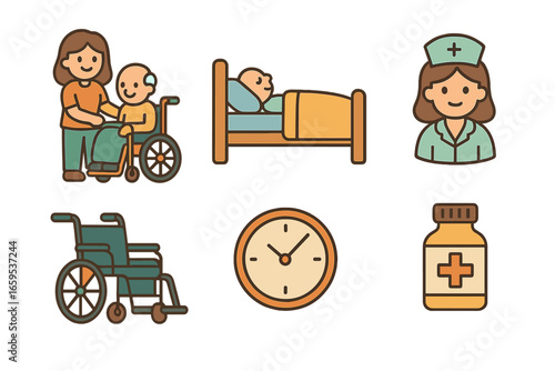 Respite Care Icons. Flat vector mini-illustrations providing respite care for someone who is a primary