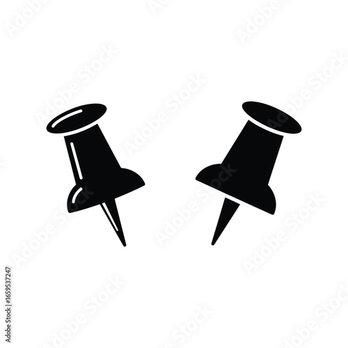 Two black push pins pointed in opposite directions on a white surface vector