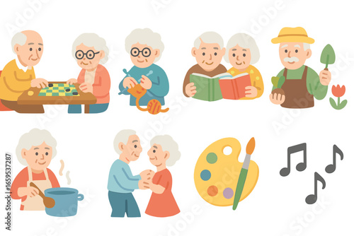 Retiree Activities Icons. Flat vector mini-illustrations Social activities for retirees in colors children's