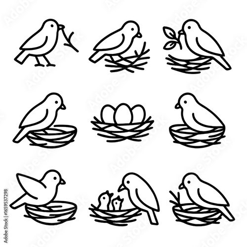 Bird Nest Icon Set. Outline icon set of nest building: collecting twigs, weaving nest, adding leaves, shaping nest, placing eggs,