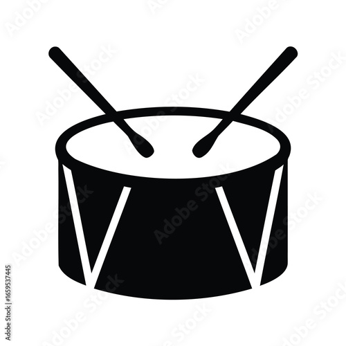 Simple black and white illustration of a drum with two drumsticks