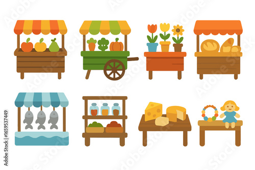 Colorful Market Stalls. Flat vector mini-illustrations market stalls in colors children's illustrations: fruit stall, vegetable