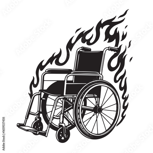 Vector illustration of a wheelchair surrounded by flames in black and white