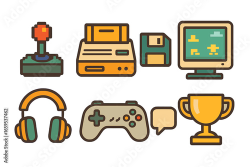 Retro Gaming Icons. Flat vector mini-illustrations retro online gaming in colors children's illustrations: