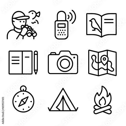 Birdwatching Essentials Icons. Outline icon set of bird call observation: birdwatcher with binoculars, sound recorder, field