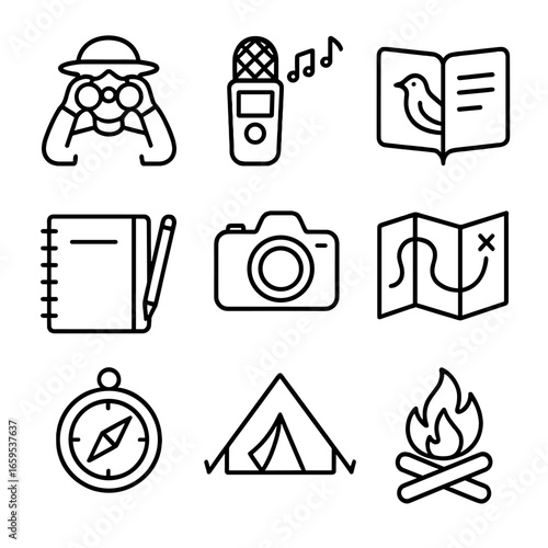 Birdwatching Essentials Icons. Outline icon set of bird call observation: birdwatcher with binoculars, sound recorder, field