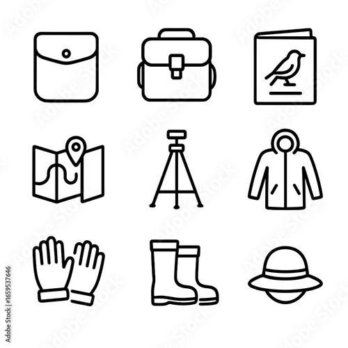 Birdwatching Gear Icons. Outline icon set of birdwatching tools: binocular case, camera bag, field guide, map, tripod, rain jacket