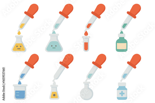 Colorful Pipetting Icons. Flat vector mini-illustrations pipette liquid handling in colors children's illustrations: pipetting