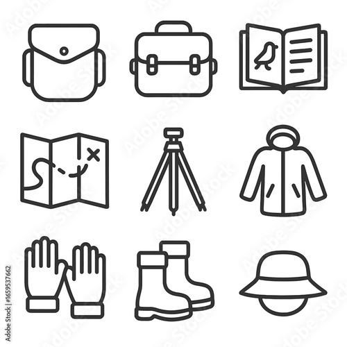 Birdwatching Gear Icons. Outline icon set of birdwatching tools: binocular case, camera bag, field guide, map, tripod, rain jacket