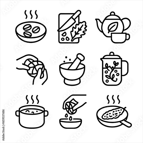 Bitter Food Icon Set. Outline icon set of bitter food preparation: roasting coffee beans, chopping bitter greens, brewing herbal