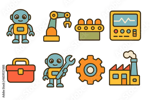 Robot Factory Icons. Flat vector mini-illustrations robot workers in colors children's illustrations: humanoid
