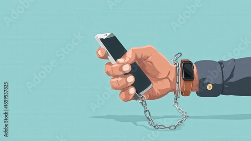 Digital Bondage: A person's hand clutches a smartphone, chains ensnaring their wrist, illustrating the grip of digital addiction, dependence, and the loss of freedom.