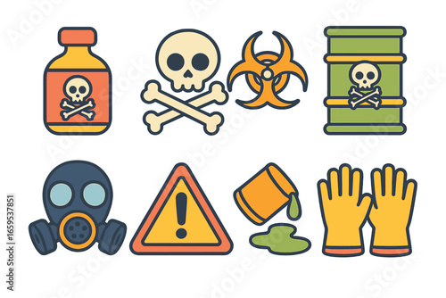 Colorful Toxic Icons. Flat vector mini-illustrations toxicity in colors children's illustrations: poison bottle, skull and