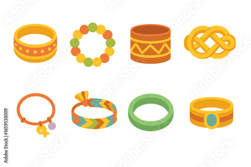Cultural Bracelet Icons. Flat vector mini-illustrations cultural bracelets in colors children's illustrations: Indian bangle,