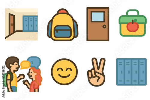 School Chatting Icons. Flat vector mini-illustrations Chatting at school in colors children's illustrations: