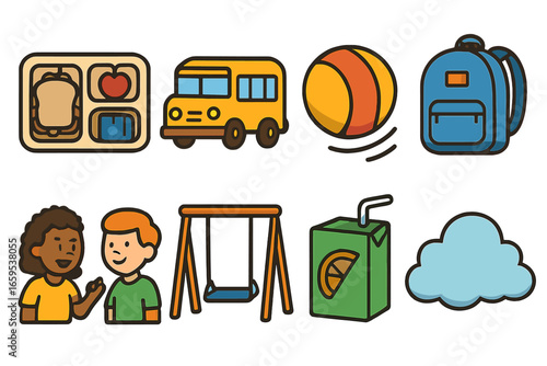 School Day Icons. Flat vector mini-illustrations After-school chats in colors children's illustrations: lunch