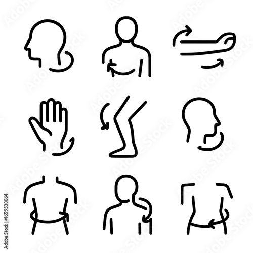 Body Movement Icons. Outline icon set of physical body turns: head turn, torso twist, arm rotation, wrist turn, ankle pivot, neck