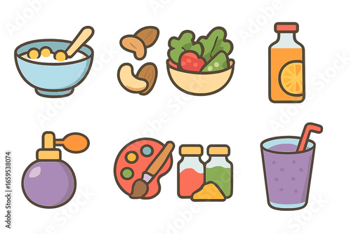 Daily Essentials Icons. Flat vector mini-illustrations mixture in daily life in colors children's illustrations: cereal bowl,