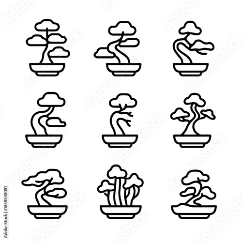 Bonsai Tree Icons. Outline icon set of bonsai tree styles: formal upright, informal upright, slanting, cascade, semi-cascade,