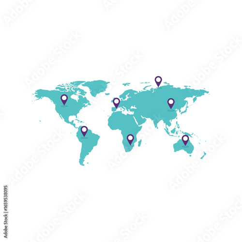 Global network of location pins on a teal world map representing international connectivity and business vector