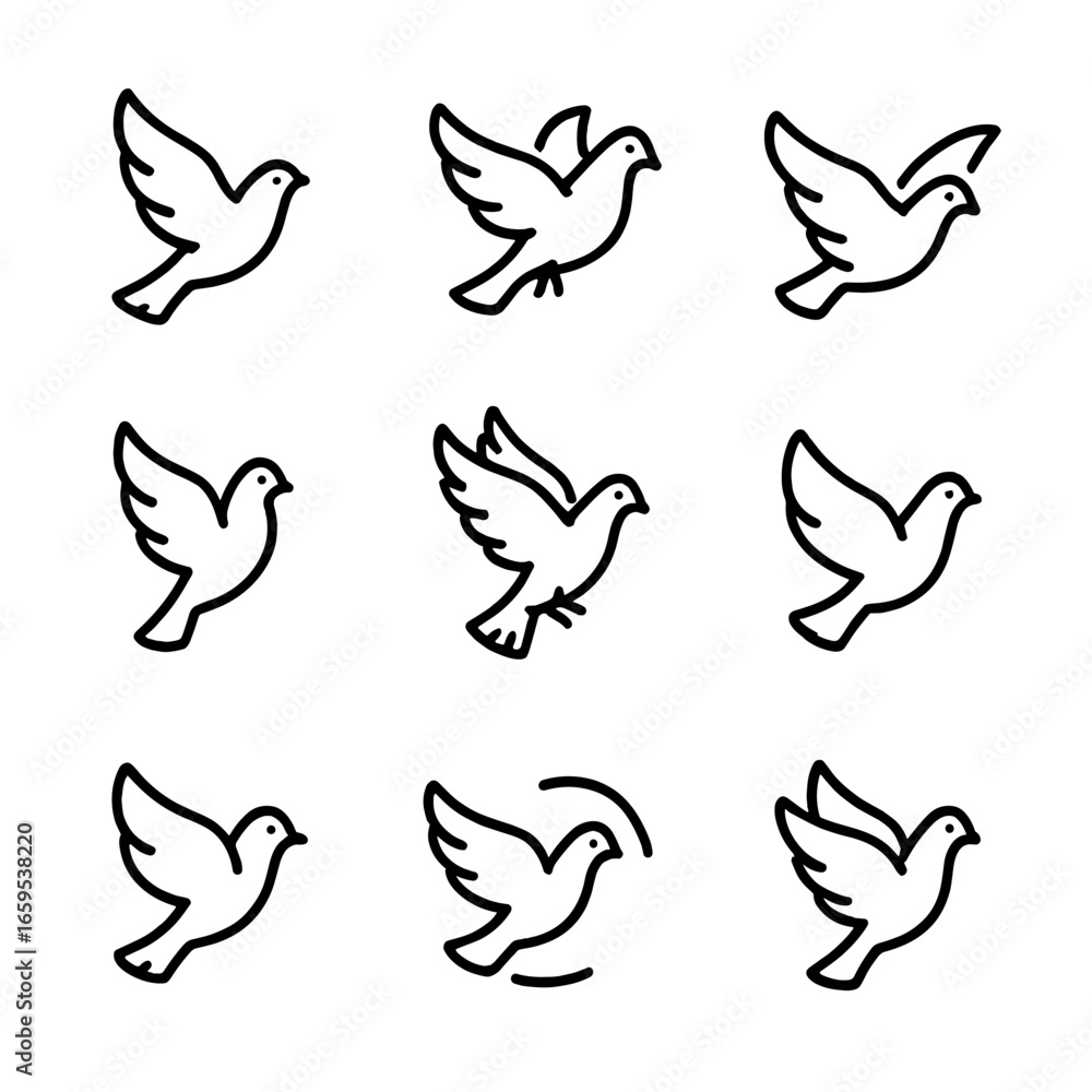 Obraz premium Dove Flight Icons. Outline icon set of dove flight patterns: soaring, flapping, gliding, hovering, landing, takeoff, banking,
